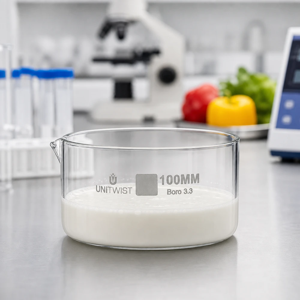 Miska do krystalizacji 100 mm UNiTWIST wypełniona białą substancją – laboratorium spożywcze – szkło borokrzemowe