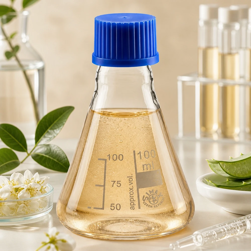 Kolba Erlenmeyera 100 ml z zakrętką Kolba Erlenmeyera 100 ml z niebieską zakrętką do bezpiecznego przechowywania płynów