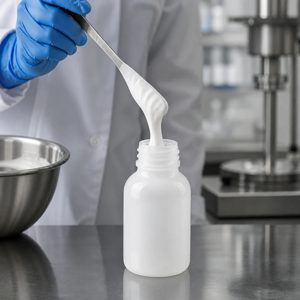 Butelka laboratoryjna 100 ml z szeroką szyjką bez zakrętki Pracownik laboratorium napełnia szpatułką kremową substancję do 100 ml butelki laboratoryjnej z szeroką szyjką, bez pokrywki