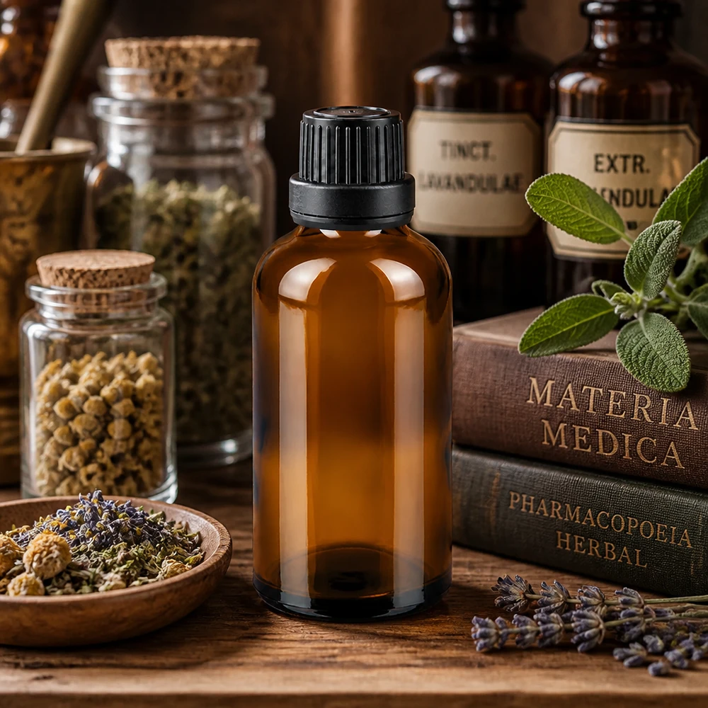 Butelka apteczna brązowa 50ml zakrętka czarna szczelna OV 50 ml brązowa buteleczka apteczna stojąca na drewnianym stole pomiędzy książkami z „Materia Medica” a suszonymi ziołami