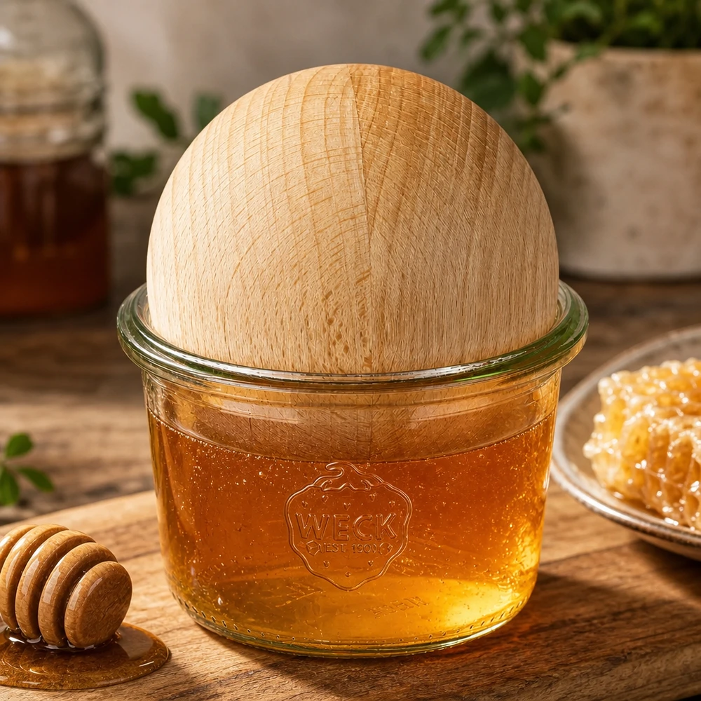 Kubki WECK RR60 o pojemności 80 ml wypełnione miodem, z pokrywką z drewna bukowego, łyżeczką do miodu i plastrem miodu.