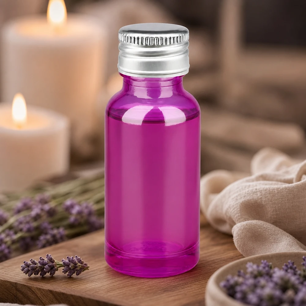 Wysokiej jakości szklana butelka 20 ml w kolorze fioletowym z ochroną UV i srebrną aluminiową pokrywką