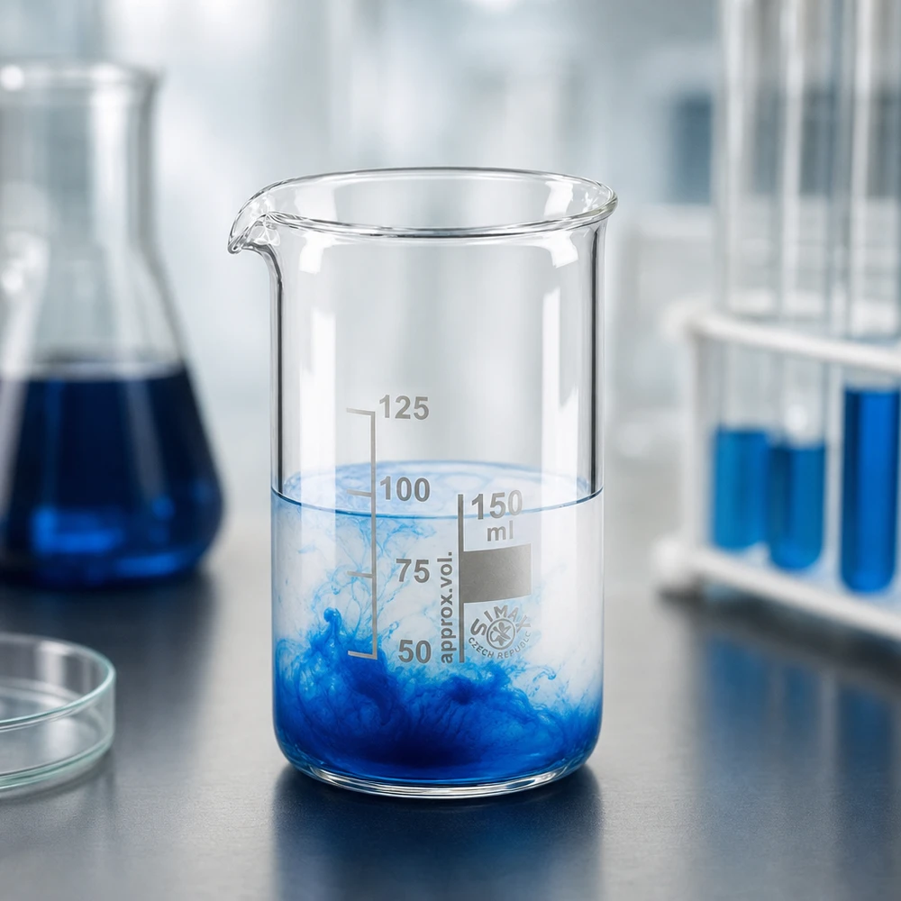 Zlewka 150 ml ze szkła borokrzemowego, wysoka Szklanka borokrzemianowa o pojemności 150 ml, wysoka, z niebieskim roztworem w laboratorium chemicznym