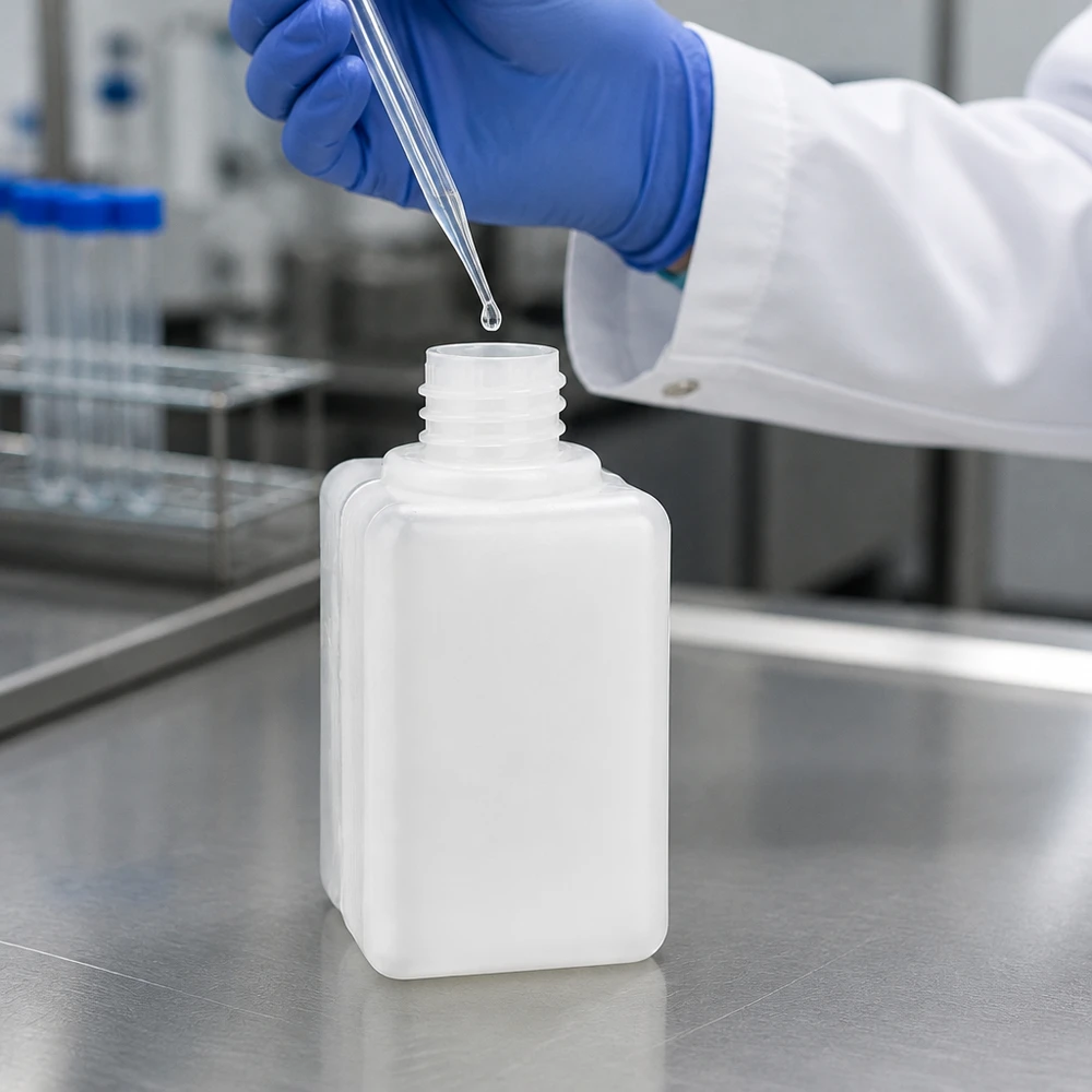 Butelka na chemikalia 50ml, wąska szyjka wykonana z PE-HD, kolor naturalny, GL 18 Biała butelka z wąską szyjką z PE-HD o pojemności 50 ml i gwintem GL 18 podczas napełniania pipetą w laboratorium
