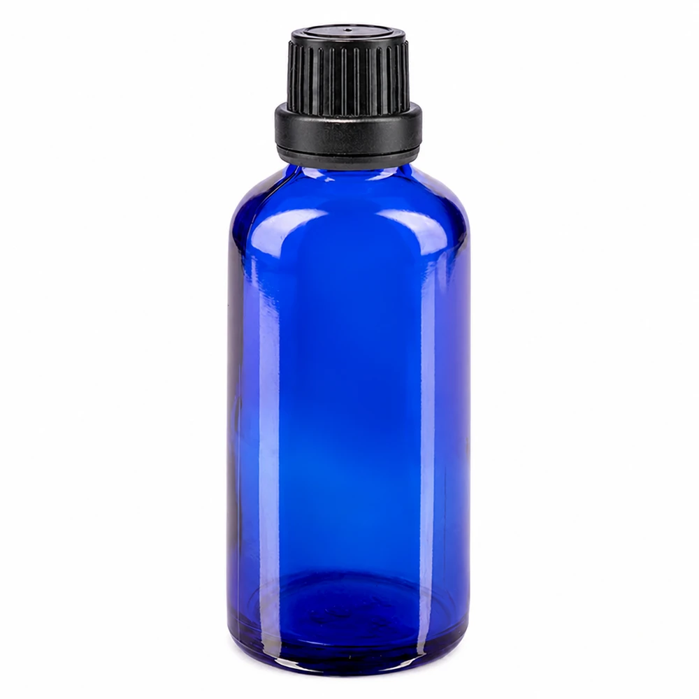 Butelka apteczna niebieska 50ml zakrętka czarna szczelna OV Niebieska szklana buteleczka apteczna o pojemności 50 ml z czarną zakrętką 11 mm