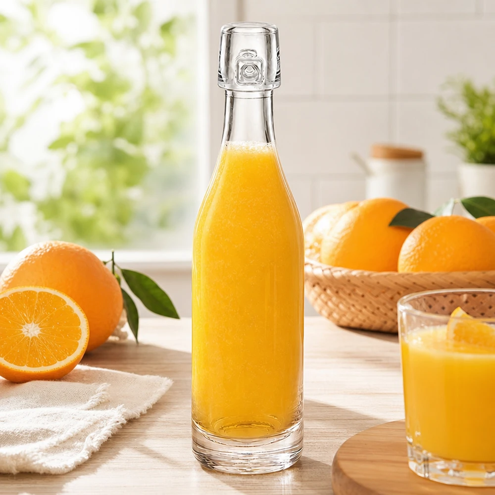 50 ml szklana butelka UNiTWIST wypełniona sokiem pomarańczowym między świeżymi pomarańczami jasne światło okna kuchennego