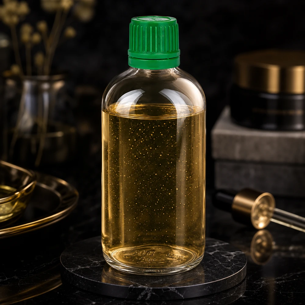 Butelka 100 ml 11 mm SV zielona OV ClearLine UT18/100 Złoty olejek z drobinkami brokatu w szklanej butelce o pojemności 100 ml ClearLine UT18 z zieloną zakrętką 11 mm