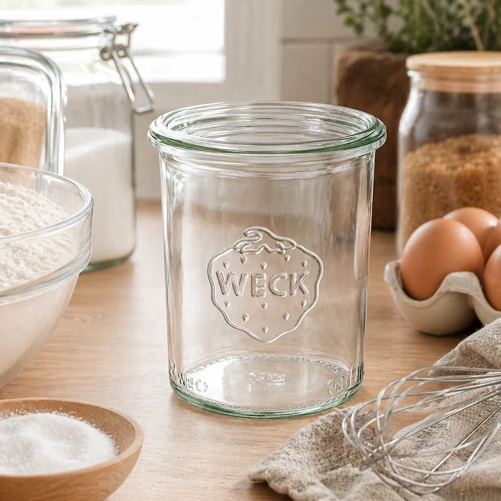 Przezroczysty szklany słoik 160ml WECK RR60 z logo w nowoczesnej kuchni obok jajek i składników do pieczenia