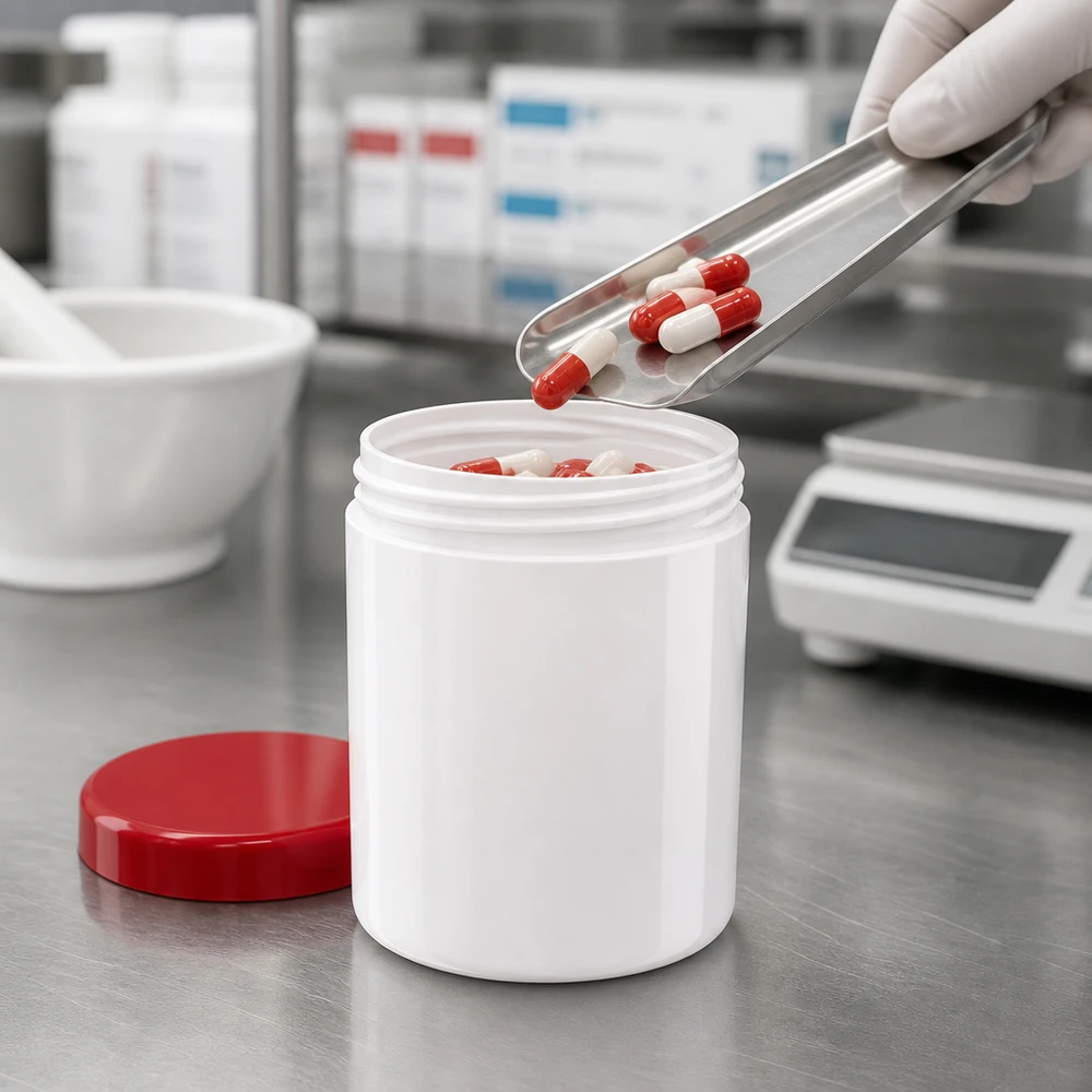 Rozlewanie preparatów farmaceutycznych w postaci czerwonych i białych kapsułek do białych słoików na maści o pojemności 50 g, wykonanych z tworzywa PP