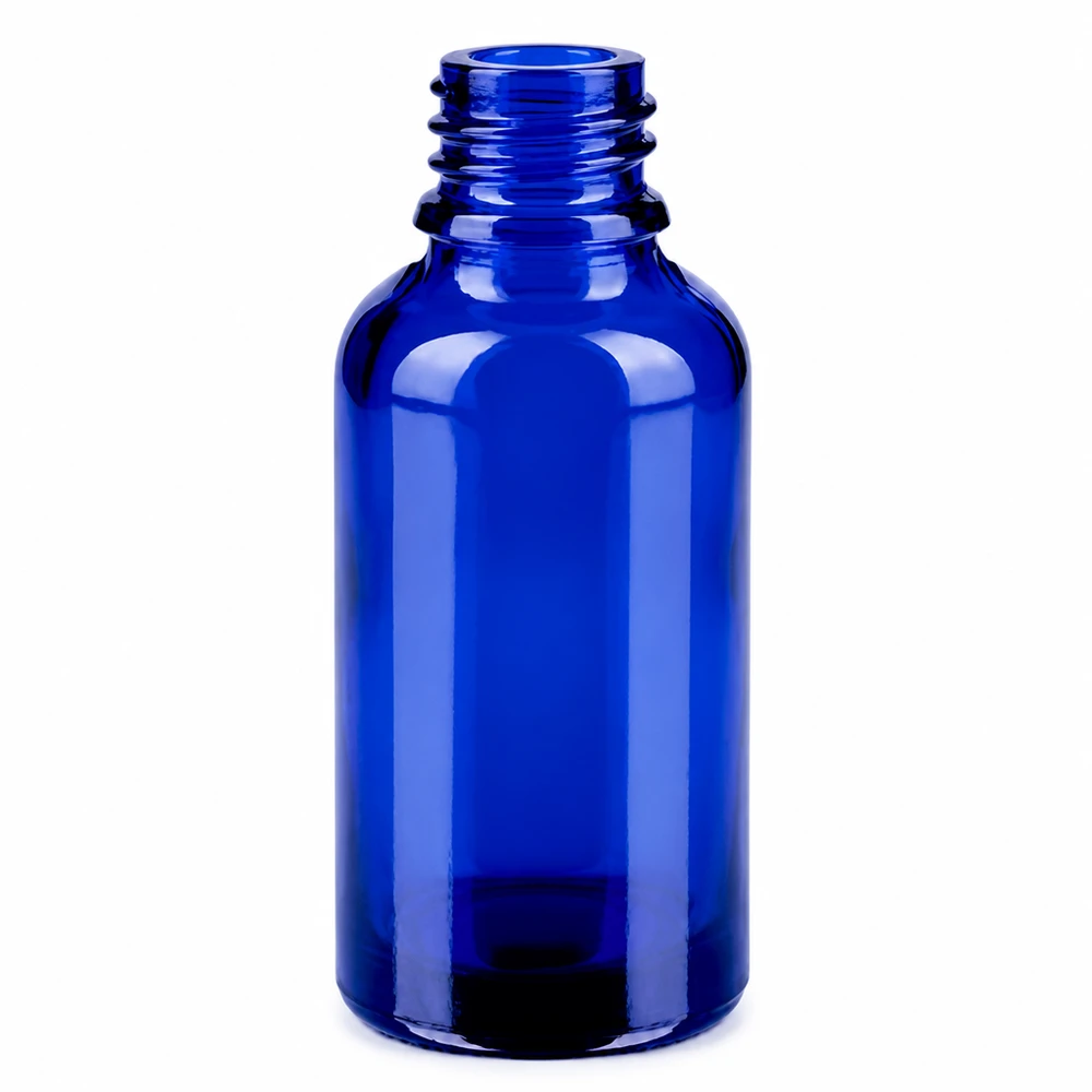 Butelka 30 ml 11 mm SV zielona OV BlueLine UT18/30 Niebieska szklana butelka 30 ml z otworem 11 mm i zieloną nasadką do aromaterapii