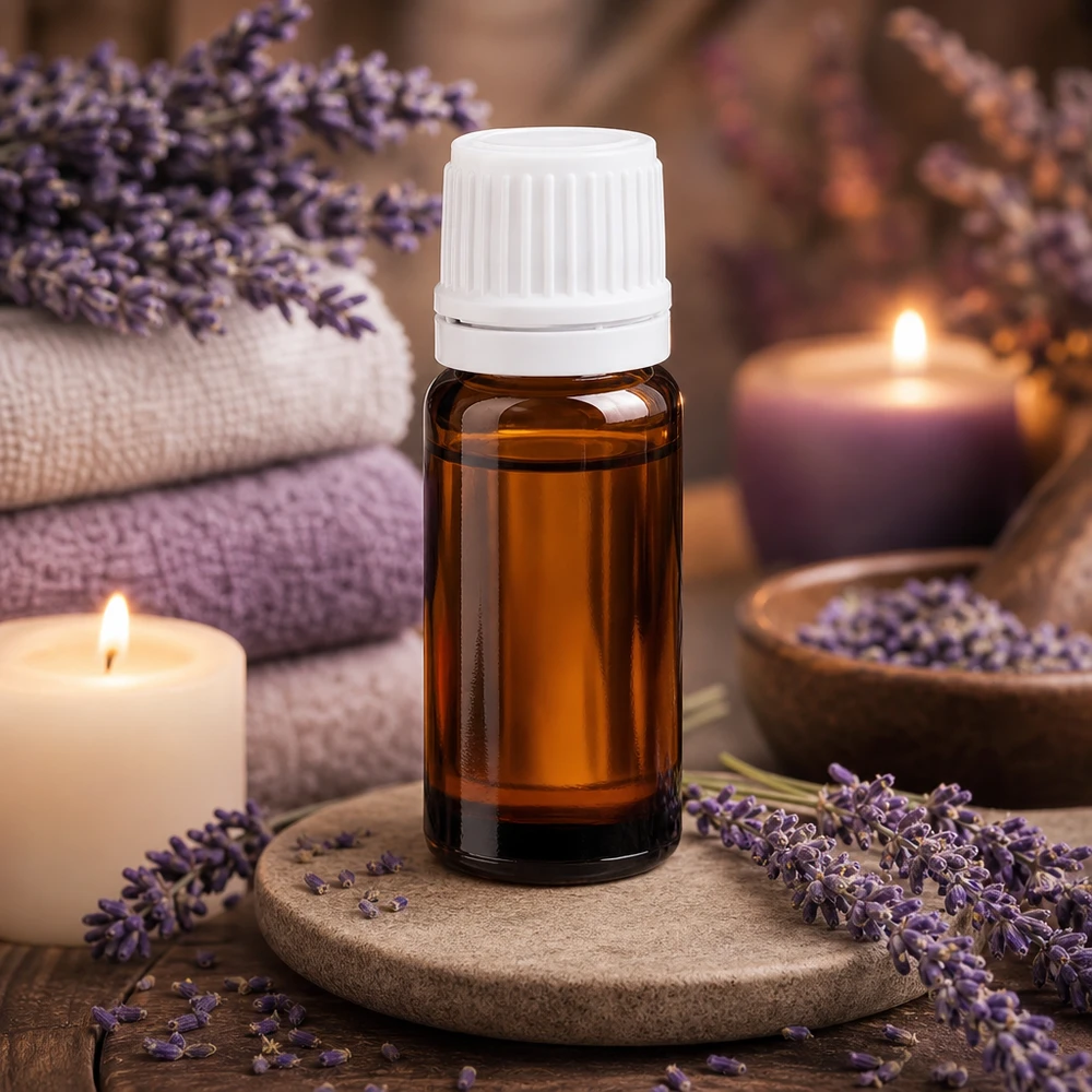 Buteleczka do aromaterapii o pojemności 10 ml, wykonana z brązowego szkła z ochroną przed promieniowaniem UV, z białym zamknięciem zabezpieczonym przed dziećmi