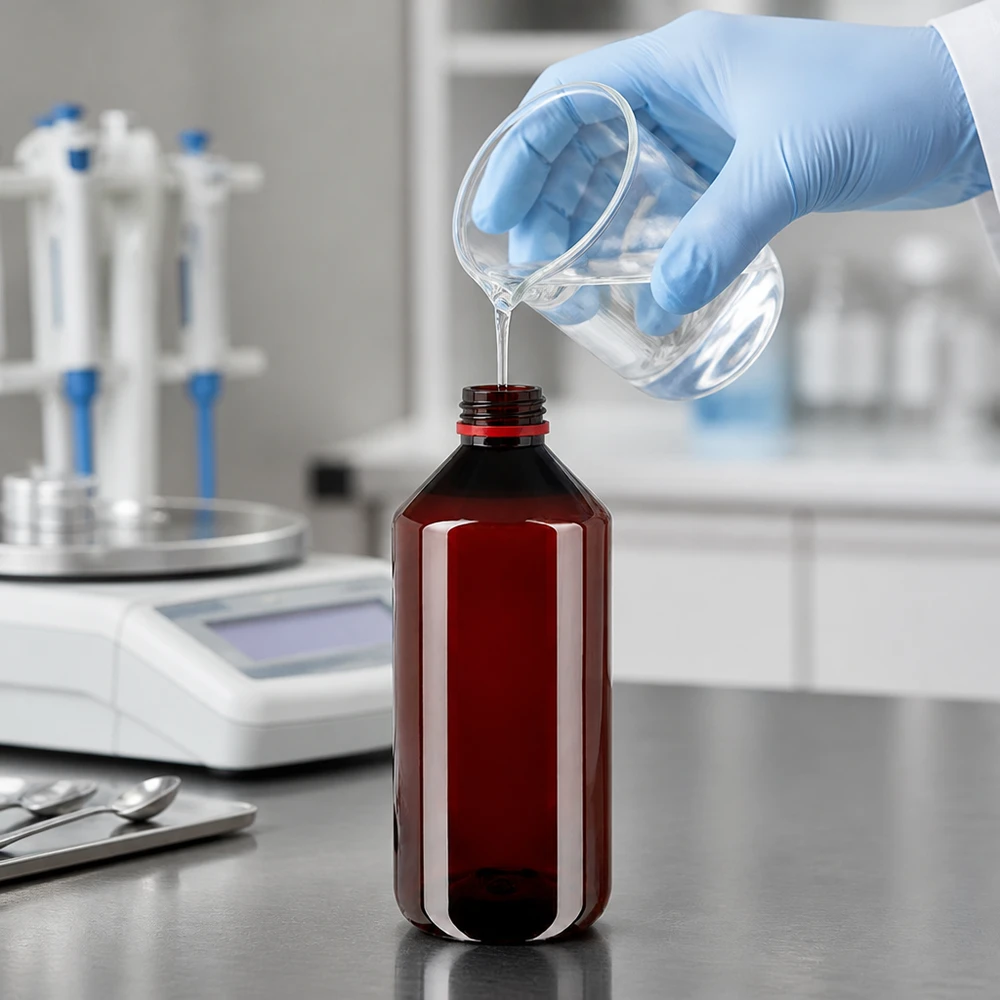 Laborant napełnia brązową butelkę PET o pojemności 1000 ml przezroczystym płynem z zlewki.