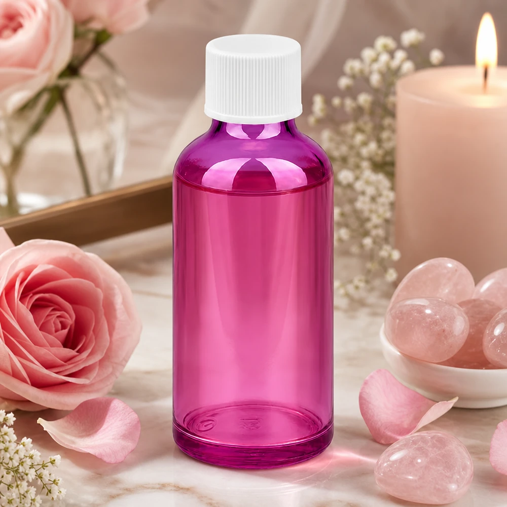 50 ml butelka aptekarska z eleganckiego fioletowego szkła z praktyczną zakrętką do aromaterapii