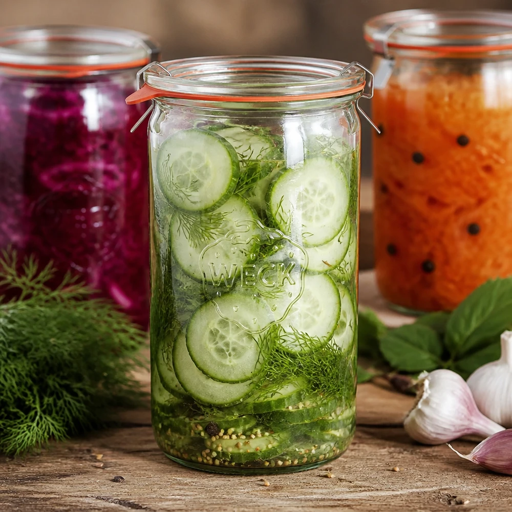 Słoik z butlą 1590 ml kompletny WECK RR100 WECK słoik 1590ml RR100 z ogórkiem kiszonym w plastrach koperek przyprawy konserwowanie warzyw fermentowanych