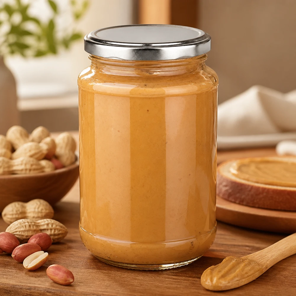 Okrągła szklanka 320 ml + uszczelka BasicSeal w kolorze srebrnym UNiTWIST Kremowe masło orzechowe w okrągłej szklanej butelce UniTwist o pojemności 320 ml z srebrną pokrywką BasicSeal na drewnianym stole