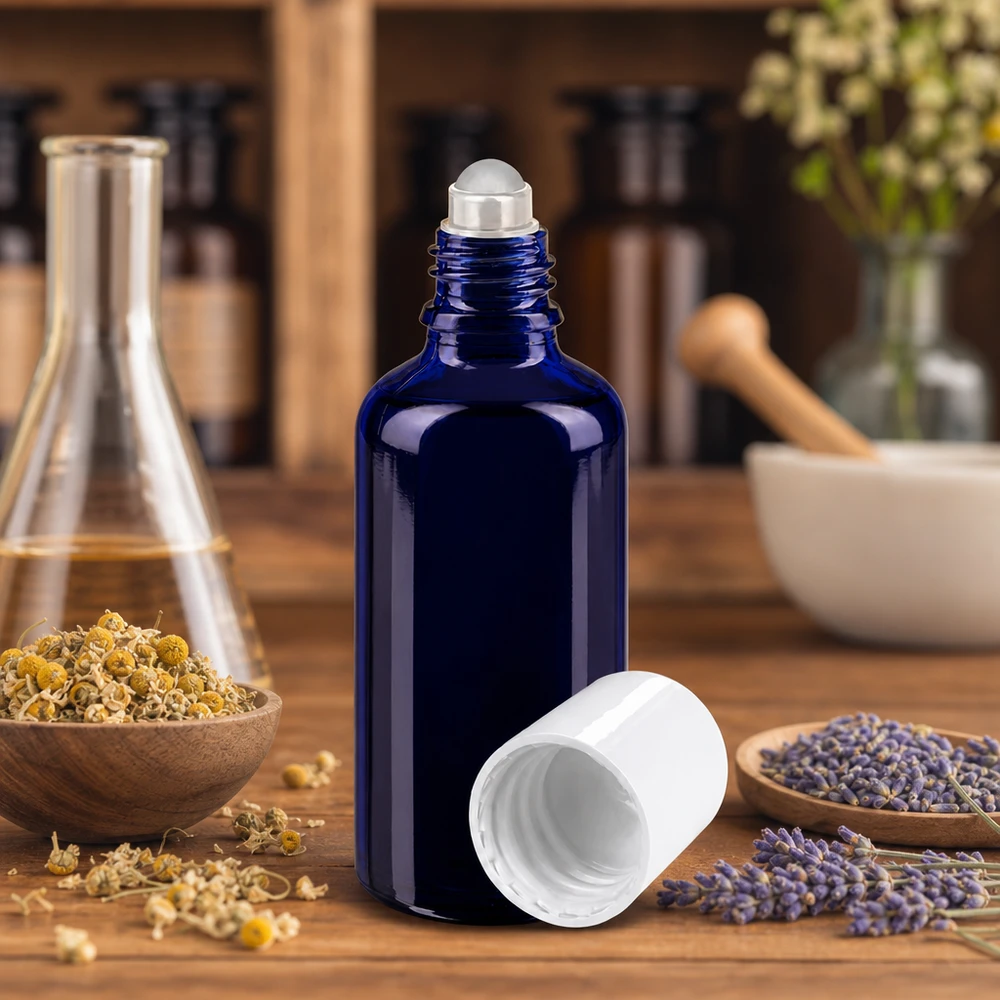 Butelka apteczna niebieska 50ml nakrętka roll-on biała Niebieska szklana buteleczka apteczna o pojemności 50 ml z aplikatorem rolkowym i białą nakrętką, z motywem kwiatów lawendy i rumianku