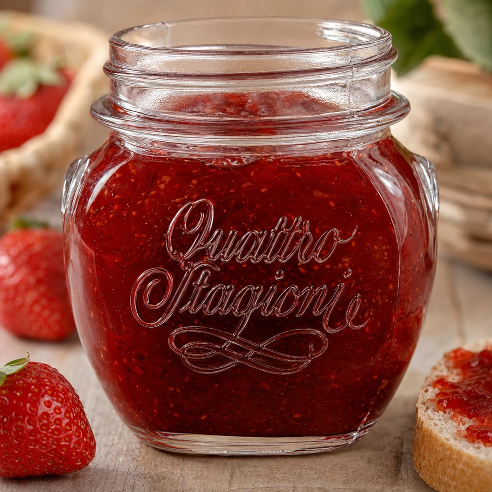 Szklanka do użytku domowego "Quattro Stagioni" o pojemności 300 ml 300 ml słoik Quattro Stagioni wypełniony dżemem truskawkowym obok świeżych truskawek i chleba na drewnianym stole