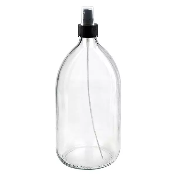 Butelka na lek 1000 ml przezroczysta, z pompką rozpylającą, czarna ApoGlas. Farmaceutyczna jakość produkcji UE. Gwint 28 mm (PP28). (syrop, butelka z lekkiego szkła)