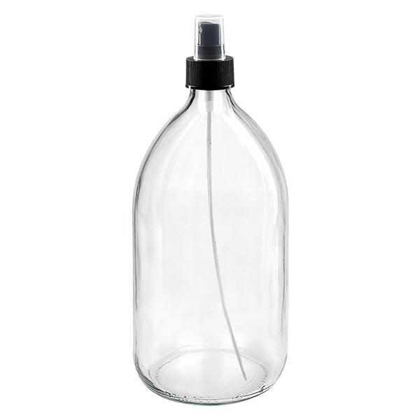 Butelka na lek 1000 ml przezroczysta, z pompką rozpylającą, czarna ApoGlas. Farmaceutyczna jakość produkcji UE. Gwint 28 mm (PP28). (syrop, butelka z lekkiego szkła) Butelka na lek 1000 ml przezroczysta, z pompką rozpylającą, czarna ApoGlas. Farmaceutyczna jakość produkcji UE. Gwint 28 mm (PP28). (syrop, butelka z lekkiego szkła)