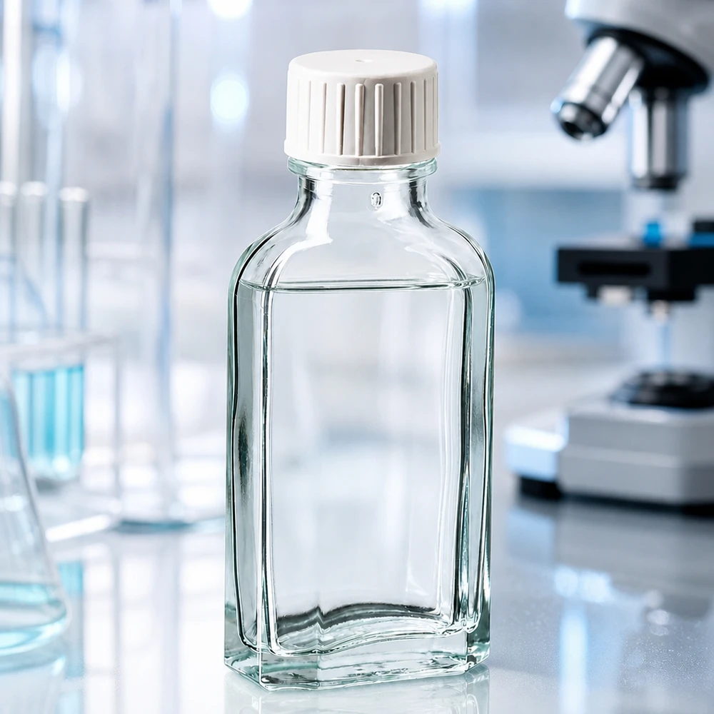 Prostokątna butelka laboratoryjna o pojemności 50 ml, wykonana z przezroczystego szkła borokrzemowego, z białą zakrętką