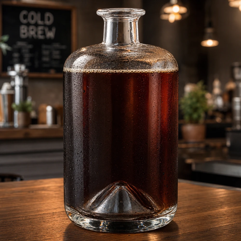 Glasflasche Sofia 700ml mit Cold Brew Kaffee befüllt in Café-Atmosphäre zeigt vielseitige Getränke-Verwendung
