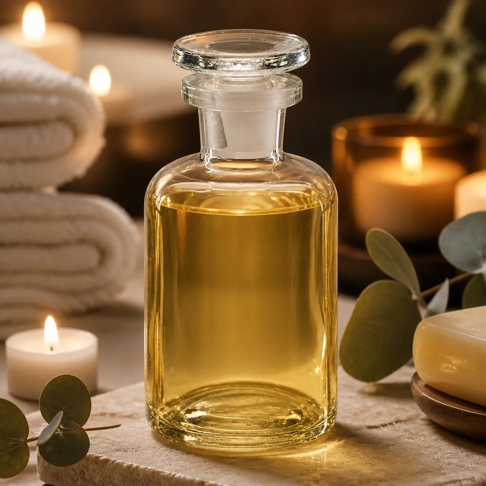 Okrągła butelka na ramię 50 ml, przezroczysta, szklana zatyczka z wąską szyjką Szklana butelka z zaokrąglonymi ramionami, 50 ml, przezroczysta, z szklanym korkiem, w atmosferze spa z świecami i eukaliptusem