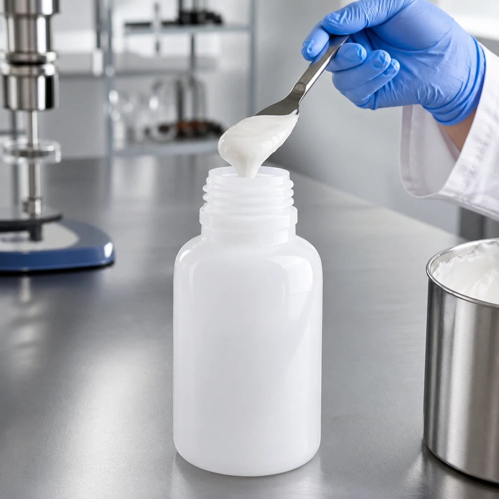 Butelka laboratoryjna 250 ml z szeroką szyjką bez zakrętki Napełnianie łyżką w pomieszczeniu czystym butelki laboratoryjnej o pojemności 250 ml z szeroką szyjką kremową substancją