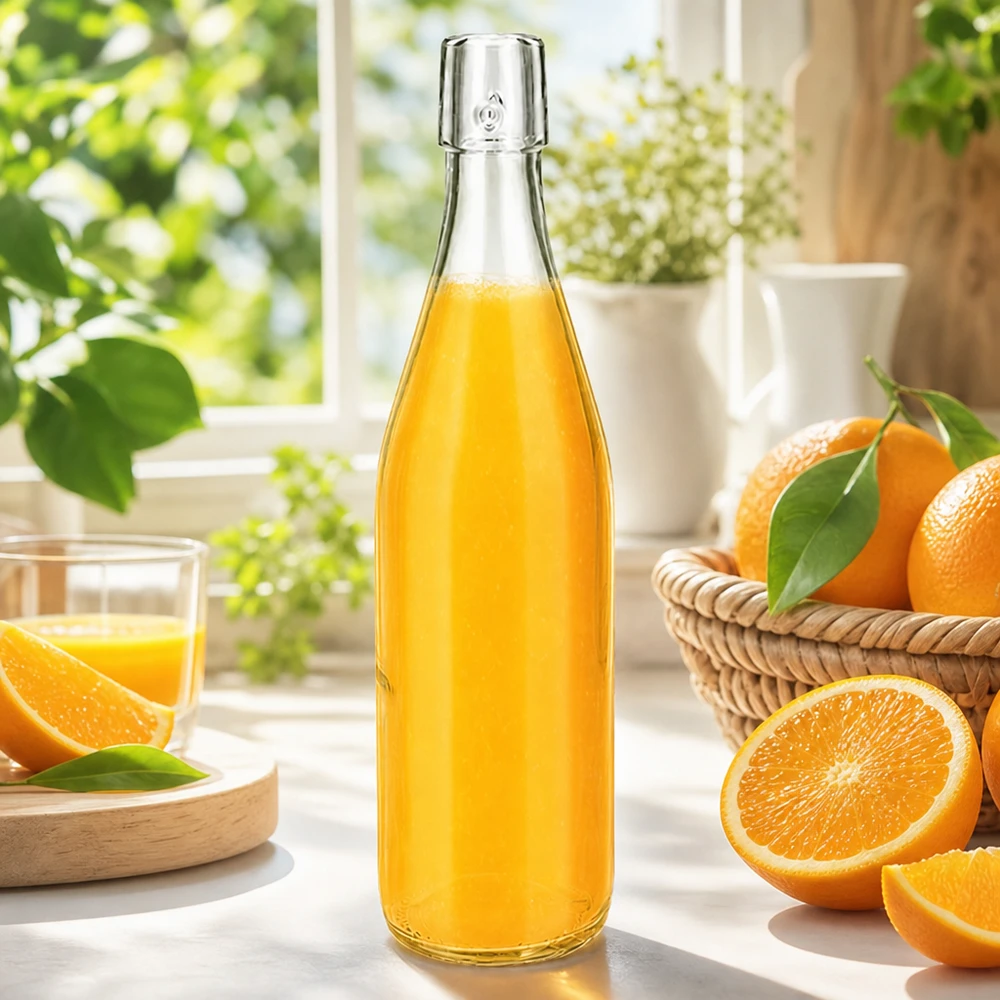Butelka szklana 500 ml bez zamknięcia typu UNiTWIST 500ml UNiTWIST Glasflasche mit frischem Orangensaft auf sonniger Fensterbank mit Orangen und Glas im Landhausstil