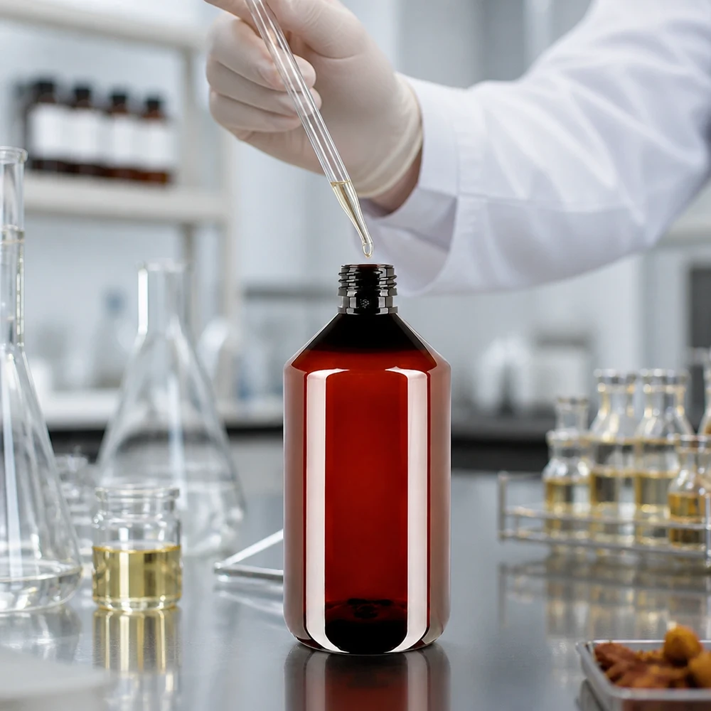 Okrągła butelka PET o pojemności 750 ml, typ PP28, w kolorze bursztynowym, bez zamknięcia, przeznaczona do zastosowań farmaceutycznych