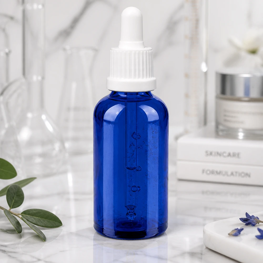 Kompaktowa butelka z pipetą OV BlueLine UT18/50 o pojemności 50 ml w kolorze niebieskim, idealna do aplikacji serum i kroplówek.