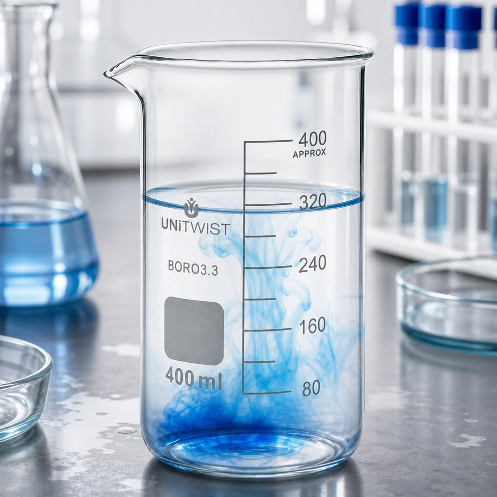 Zlewka 400ml borokrzemianowa, wysoka UNITWIST Przezroczysty szklany kubek o pojemności 400 ml, wysoki, z niebieskim atramentem rozprzestrzeniającym się w czystej wodzie – zdjęcie laboratoryjne