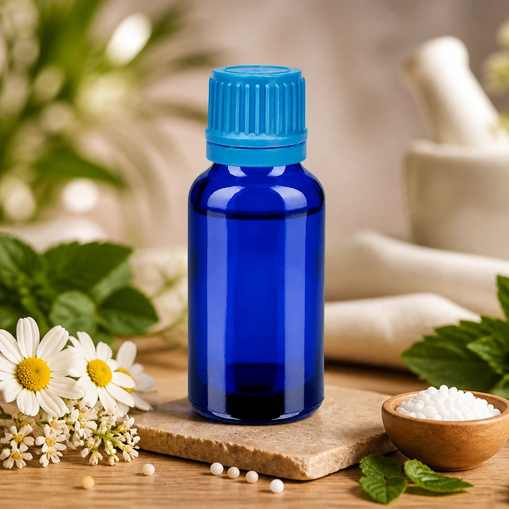 Profesjonalna butelka z zakraplaczem o pojemności 20 ml wykonana z niebieskiego szkła chroniącego przed promieniowaniem UV do leków homeopatycznych