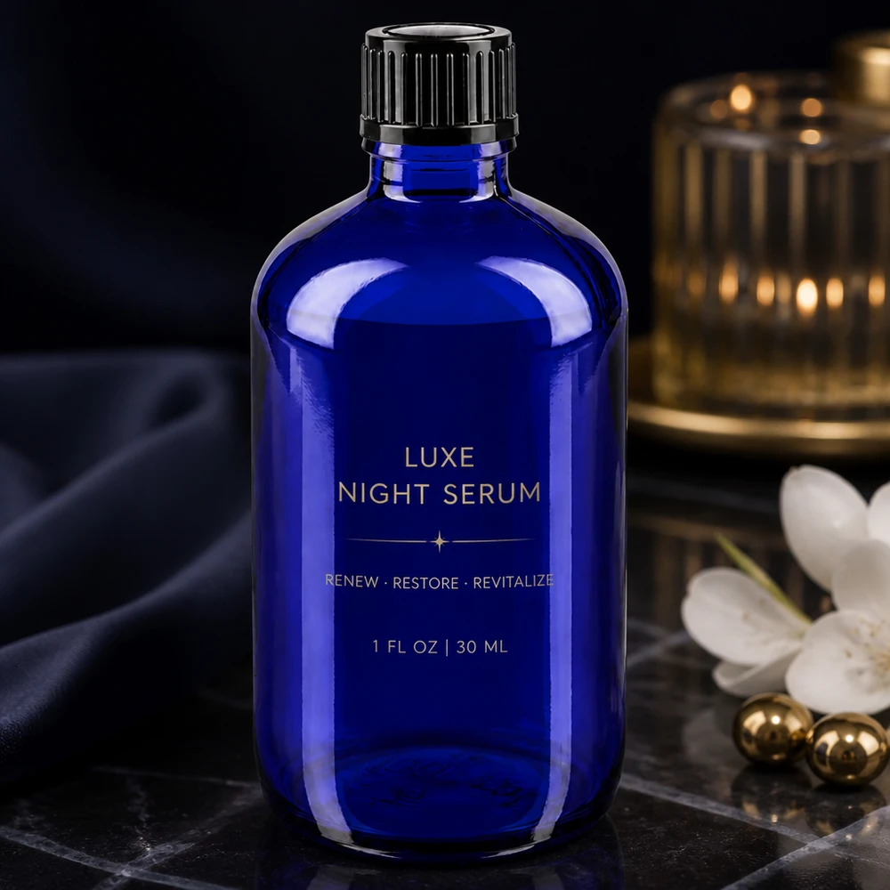 Butelka apteczna niebieska 100ml zakrętka czarna szt. Niebieska szklana buteleczka o pojemności 100 ml z czarnym zakrętkiem, przeznaczona na serum, o luksusowym wyglądzie