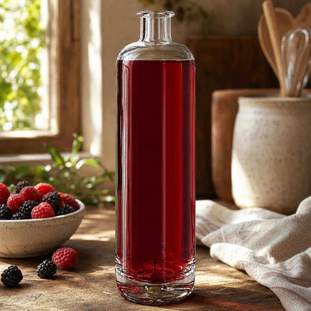 Szklana butelka Ella 700 ml bez zamknięcia UNiTWIST® 700 ml szklana butelka Ella wypełniona sokiem z czerwonych jagód obok świeżych malin i jeżyn w rustykalnej kuchni