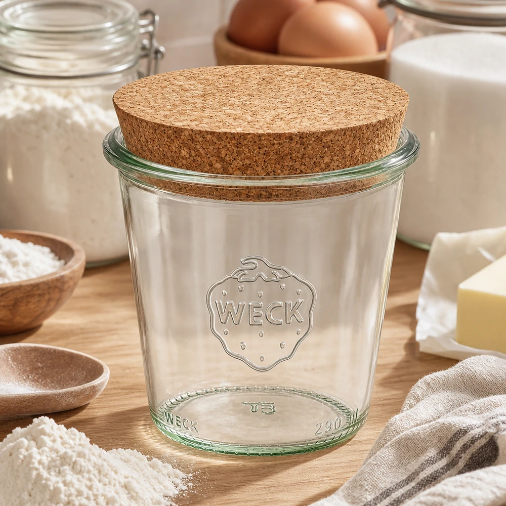 Kubek wysoki 290ml WECK RR80 z korkiem naturalny Kubki WECK 290ml RR80 z korkową pokrywką w kuchni otoczone składnikami do pieczenia mąką jajkami i mlekiem na drewnianej podstawie