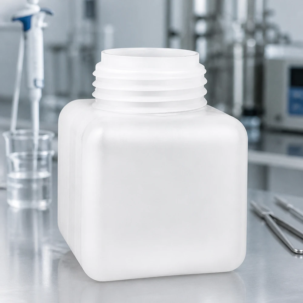 Kwadratowa butelka o pojemności 500 ml z szeroką szyjką, wykonana z PE-HD w kolorze naturalnym, przeznaczona do przechowywania chemikaliów i próbek laboratoryjnych