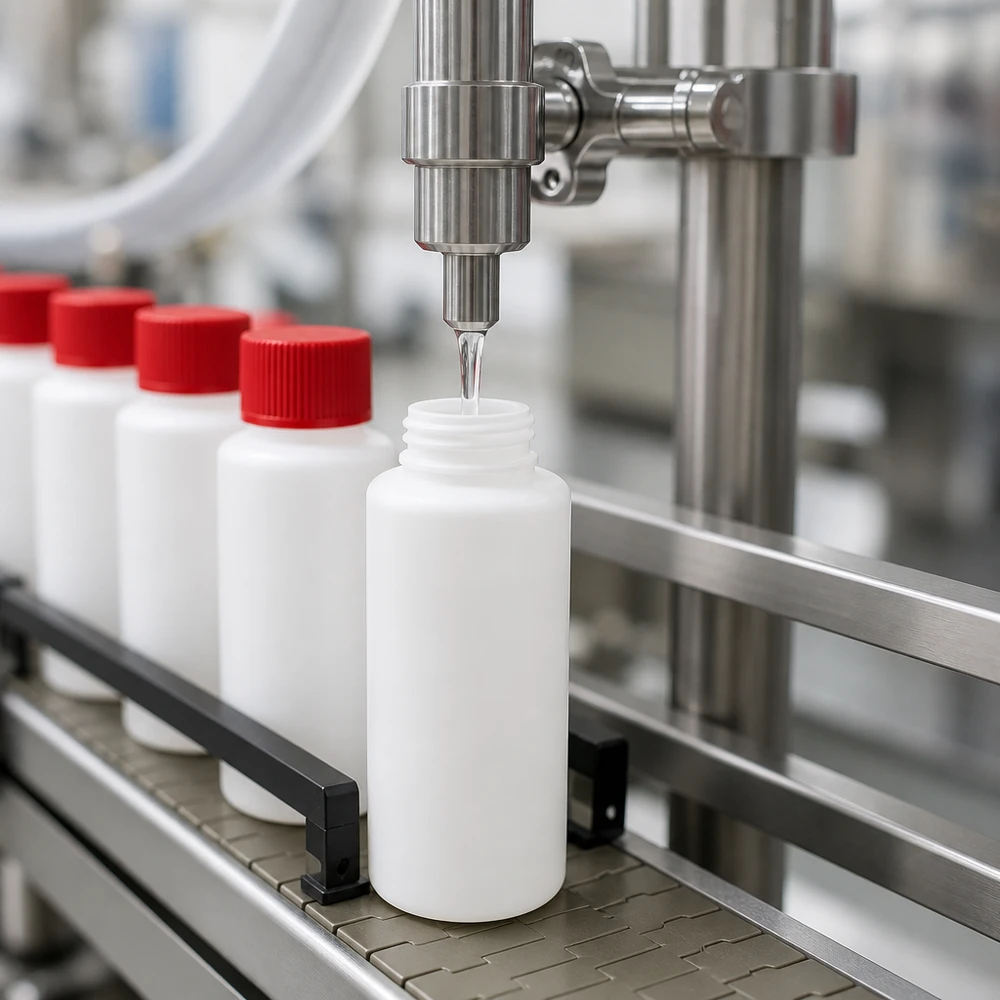 Automatyczne napełnianie białych butelek aptecznych z HDPE o pojemności 30 ml z czerwonym zakrętkiem na taśmie przenośnikowej