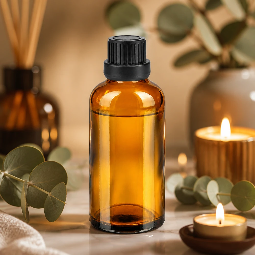 Mała butelka z bursztynowego szkła o pojemności 50 ml z ochroną UV i praktyczną nasadką do aromaterapii