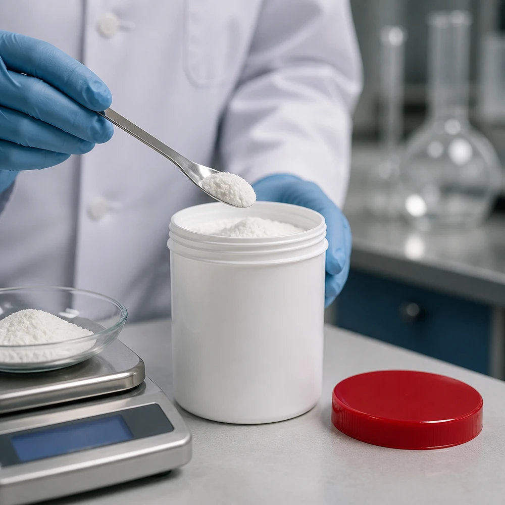 Okrągły słoik na maść o pojemności 100 g, wykonany z białego polipropylenu, z czerwoną zakrętką, na wadze laboratoryjnej