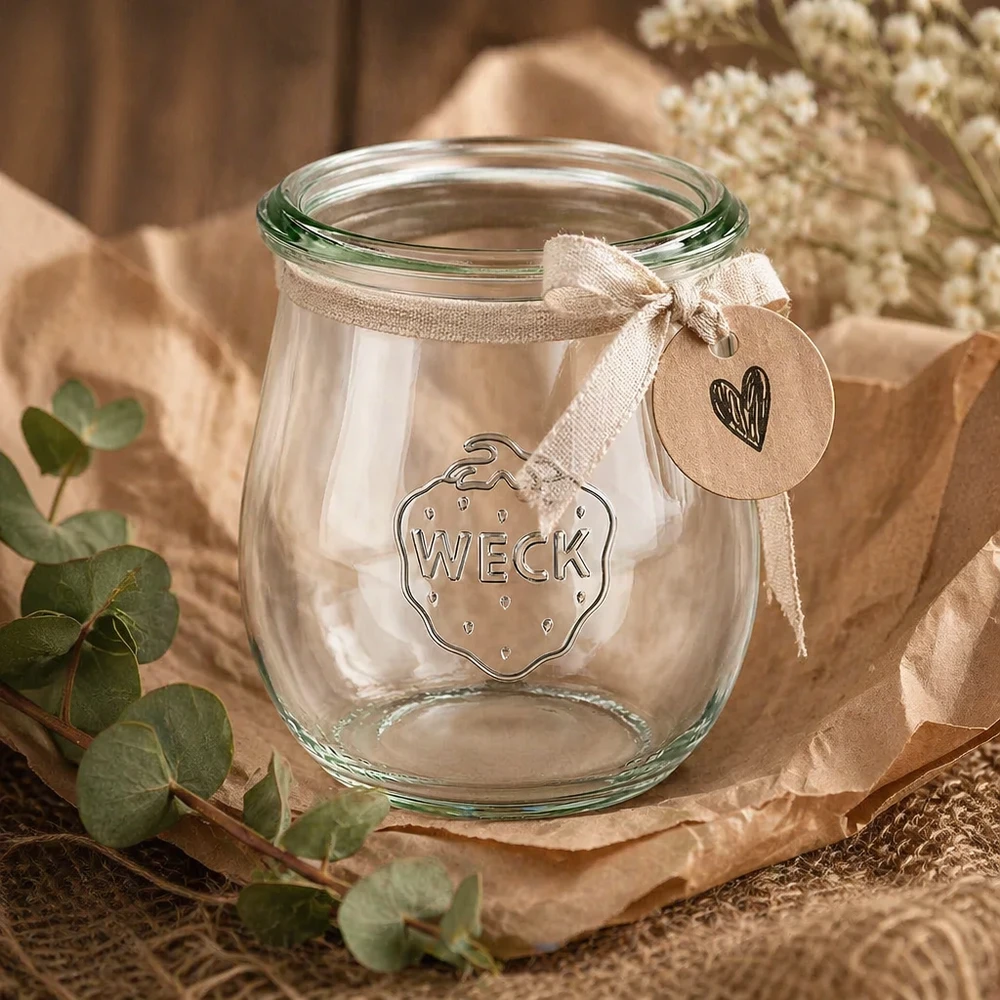 Słoik tulipanowy 220 ml WECK RR60 WECK słoik tulipan 220ml RR60 dekoracyjny ze wstążką i zawieszką na naturalnej dekoracji z eukaliptusa