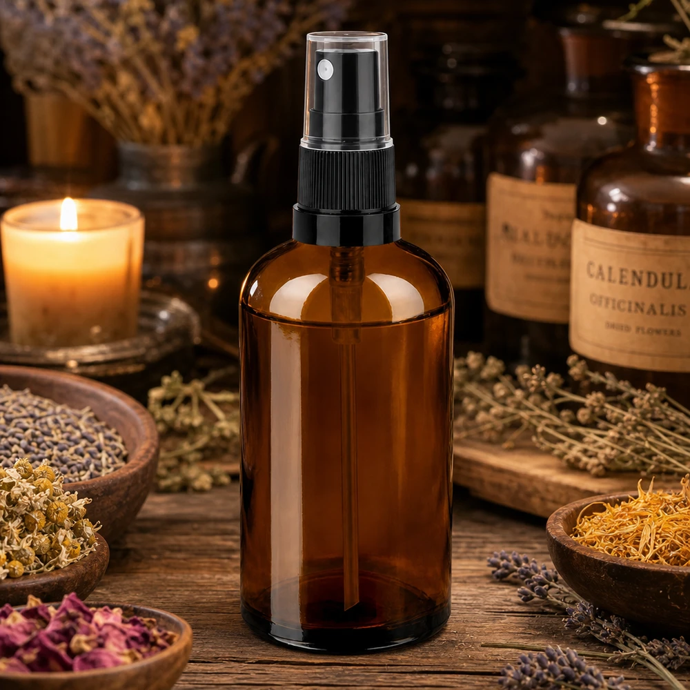 Kompaktowa butelka z rozpylaczem o pojemności 100 ml wykonana z wysokiej jakości bursztynowego szkła do naturalnych produktów kosmetycznych