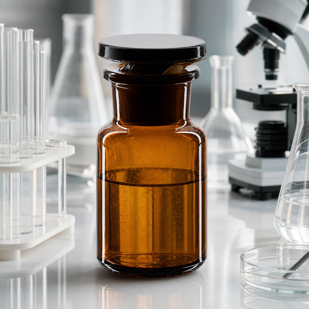 Okrągła butelka na ramię 50 ml z brązową szeroką szyjką i szklanym korkiem Butelka laboratoryjna o pojemności 50 ml, z brązowego szkła, z szeroką szyjką i szklanym korkiem, na tle mikroskopu i probówek