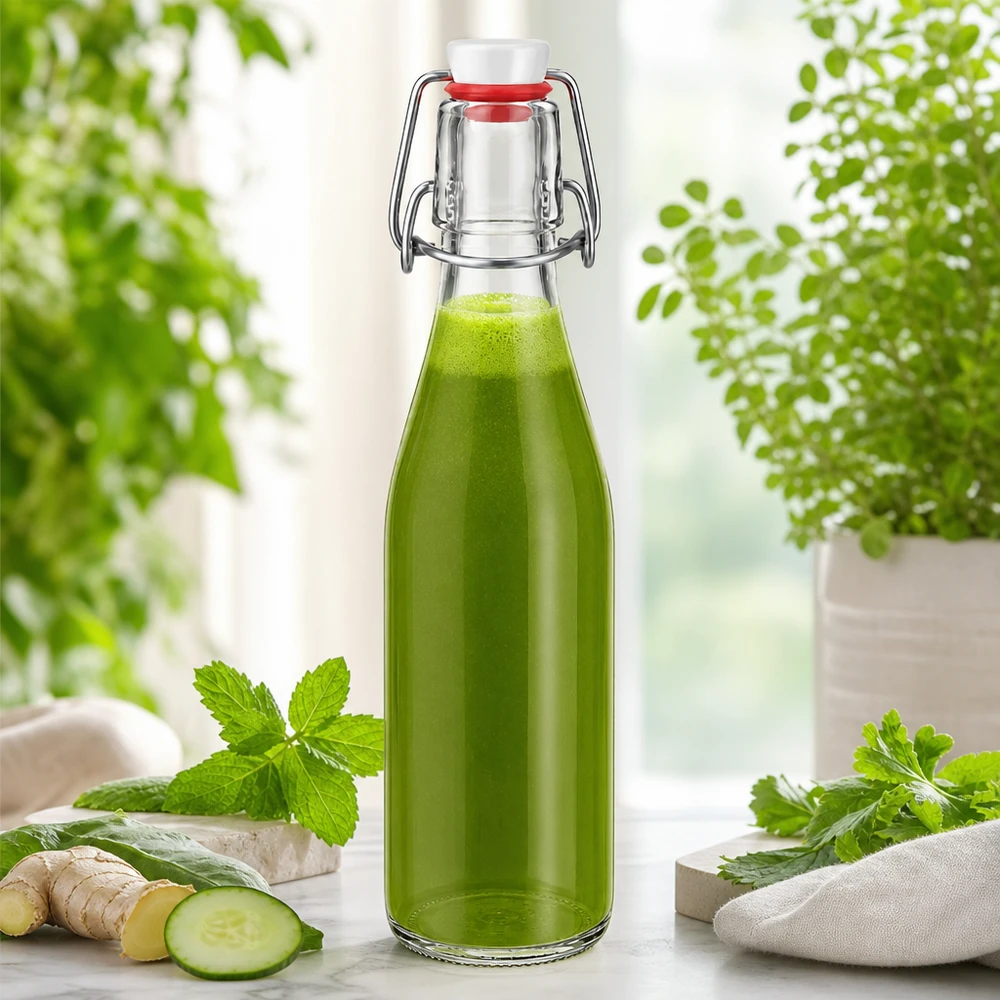 250 ml szklana butelka z uchylnym wieczkiem wypełniona zielonym smoothie, imbir ogórek mięta zioła naturalne składniki