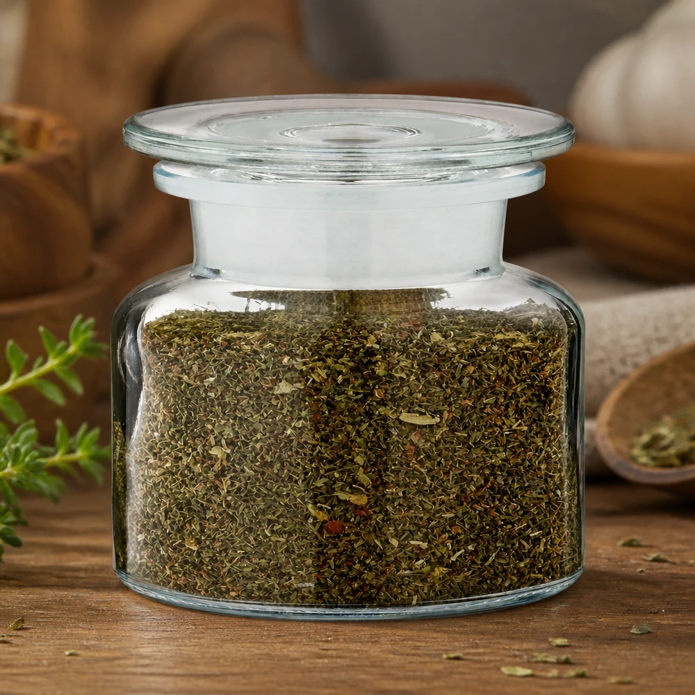 Mały słoiczek na przyprawy o pojemności 100 ml, wypełniony suszonym oregano i wyposażony w hermetyczną szklaną pokrywkę