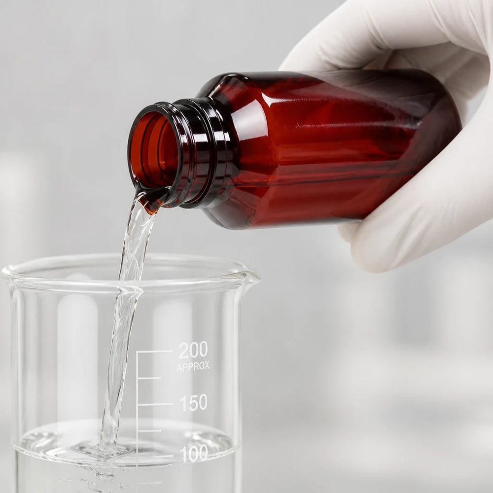 Schutzhandschuh hält braune 50ml Flasche beim kontrollierten Befüllvorgang im Labor
