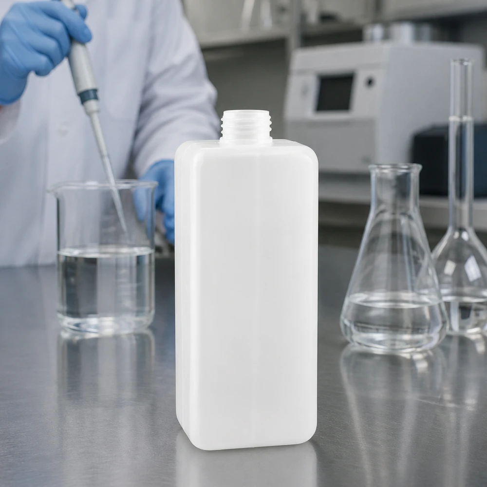 Biała butelka na chemikalia z PE-HD o pojemności 1000 ml, prostokątna, z wąską szyjką GL 32, na stole laboratoryjnym ze stali nierdzewnej