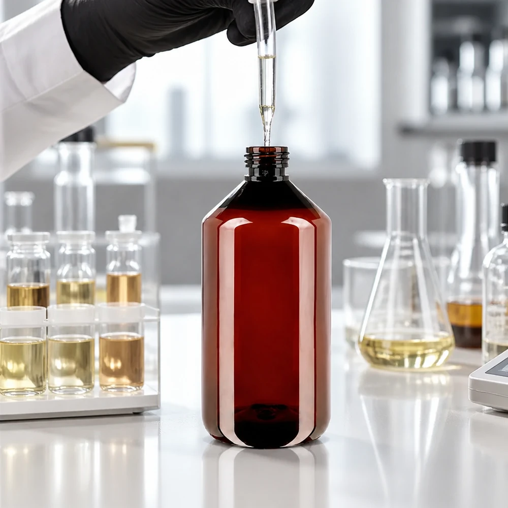 Brązowa butelka PET o pojemności 750 ml w laboratorium, z pipetą i kolbą Erlenmeyera w tle