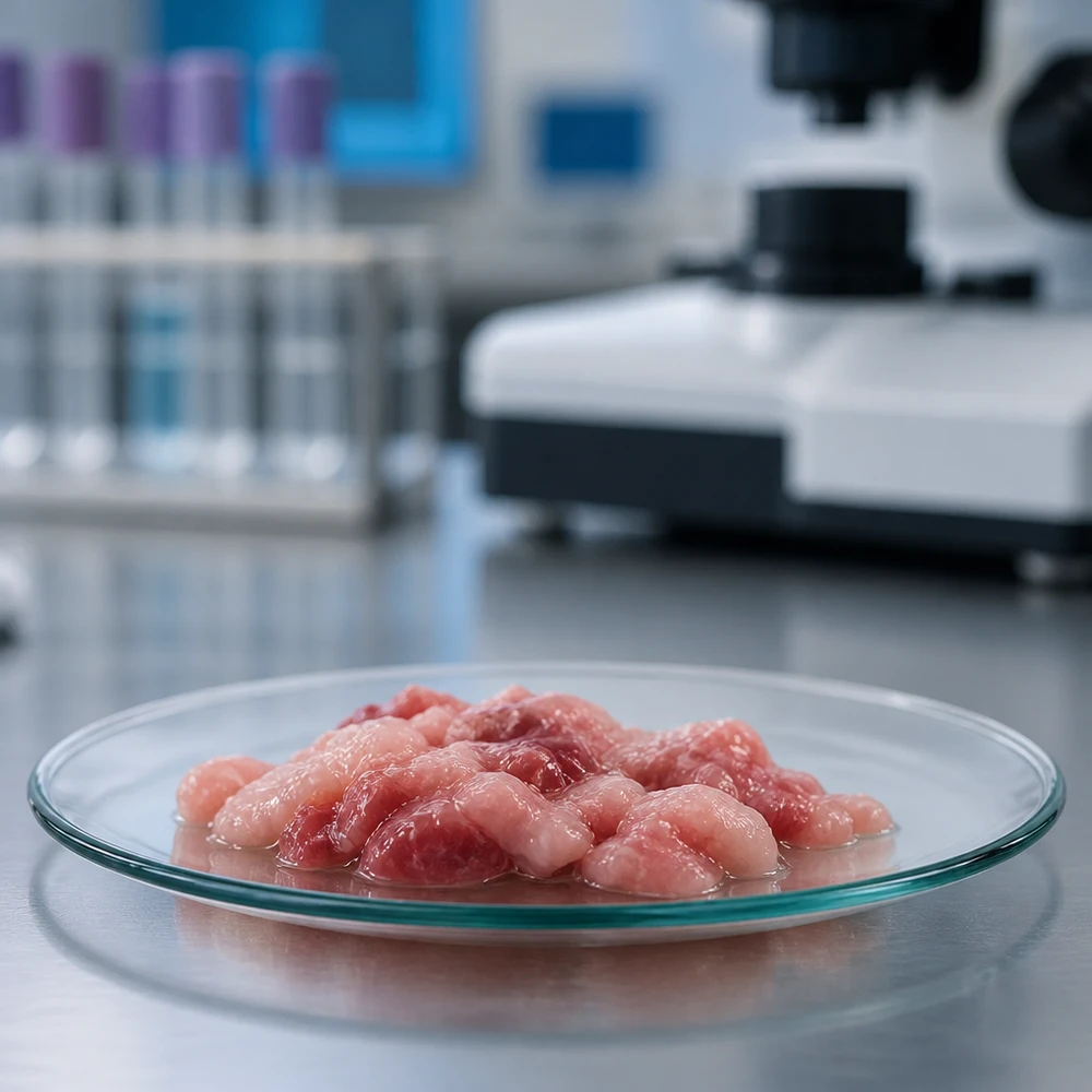 Szklana miska zegarka Ø 100 mm Szklane naczynie o średnicy 100 mm wypełnione różowymi próbkami w sterylnym środowisku laboratoryjnym do celów badawczych
