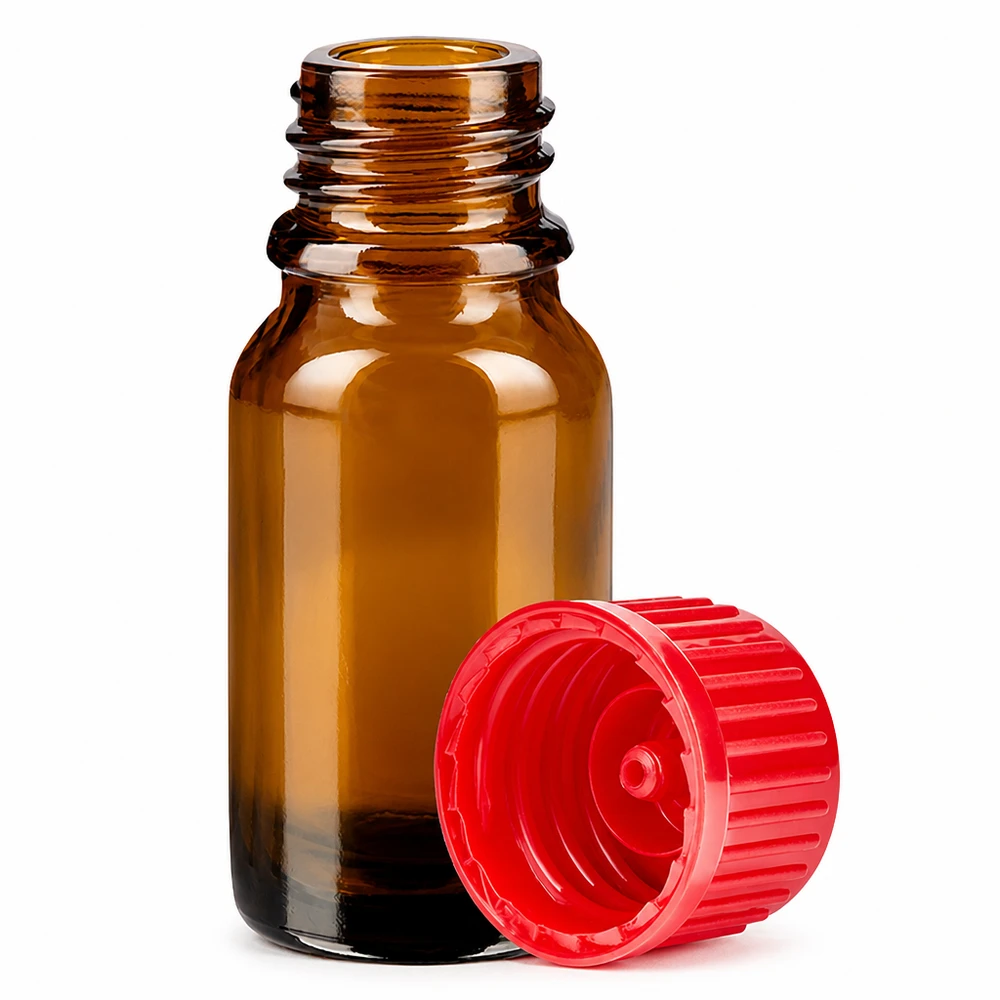 Butelka 10 ml 11 mm SV czerwona STD BrownLine UT18/10 Mała szklana butelka 10 ml w kolorze brązowym z czerwoną zakrętką do precyzyjnego dozowania płynów