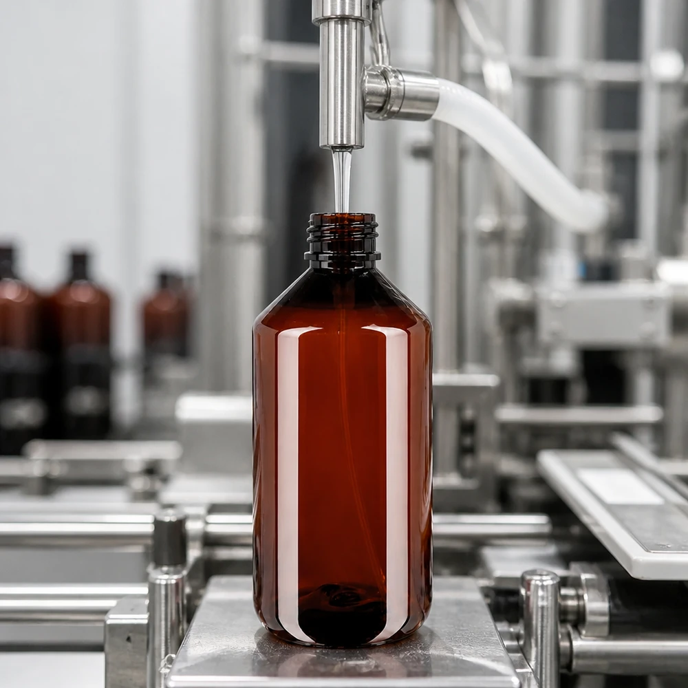 Automatyczna linia rozlewnicza napełnia brązowe butelki PET o pojemności 750 ml przeznaczone do produkcji atomizerów